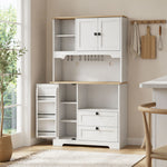 Buffet Haut Cuisine, Armoire Cuisine avec 3 Portes, 2 Tiroirs, Plan de Travail, Compartiments Ouverts, Blanc