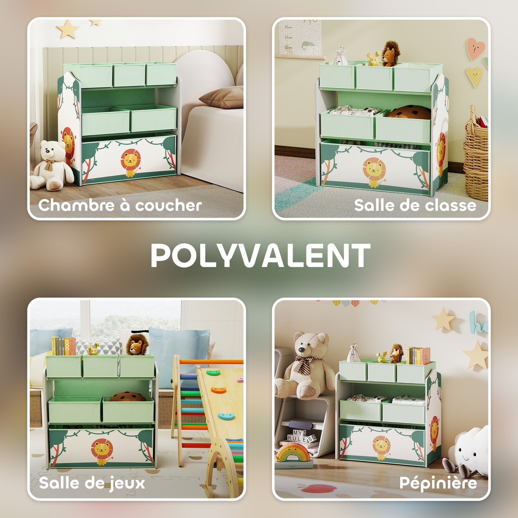 Meuble rangement enfant à 3 niveaux, étagère de rangement pour jouets enfants avec 6 boîtes en tissu amovibles, vert