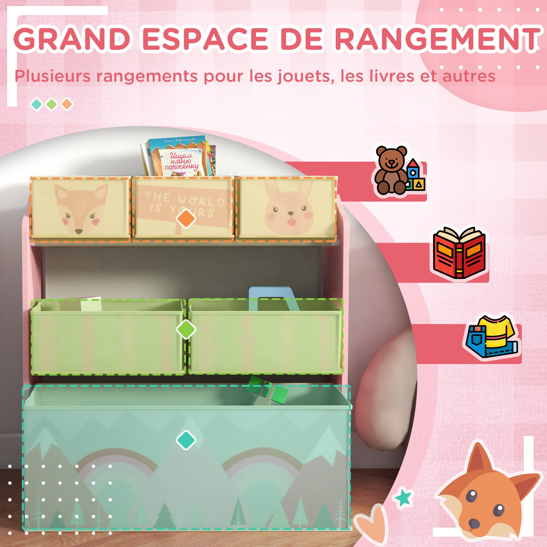 Meuble de rangement enfant avec 6 boîtes amovibles en tissu non tissé Organisateur de jouets, étagère 63L x 30l x 66H cm