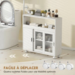 Meuble de Salle de Bain sur Roulettes, Portes en Verre Trempé, Compartiment Ouvert, Étagère Réglable, 71x20x70cm, Blanc