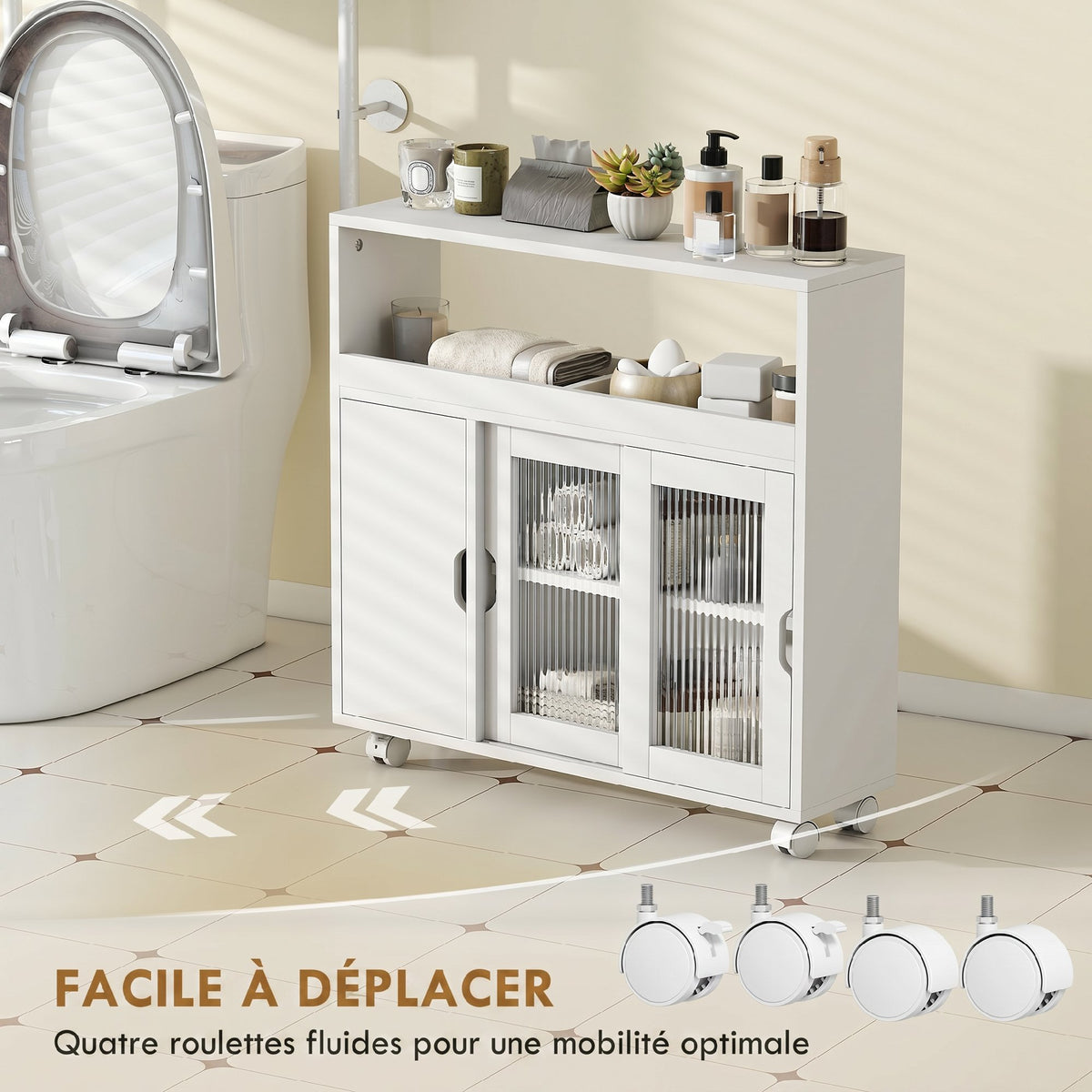 Meuble de Salle de Bain sur Roulettes, Portes en Verre Trempé, Compartiment Ouvert, Étagère Réglable, 71x20x70cm, Blanc