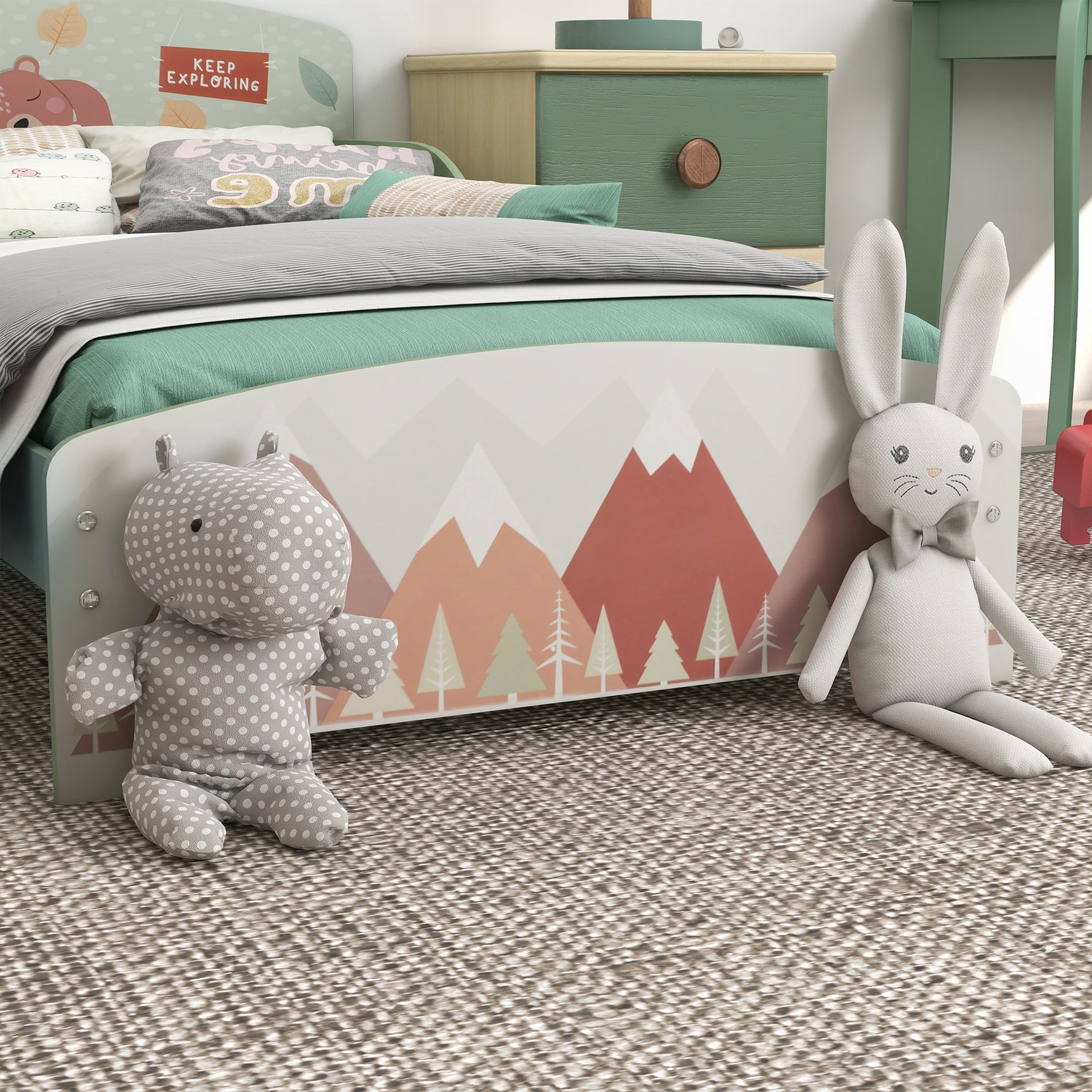 Lit pour enfant 3-6 ans avec barrières de sécurité et motifs dim. 77 x 143 x 60 cm sommier à lattes inclus - Vert