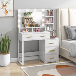 Coiffeuse avec miroir et 9 lumières LED, 4 tiroirs et 6 compartiments ouverts, 100 x 40 x 138 cm, blanc
