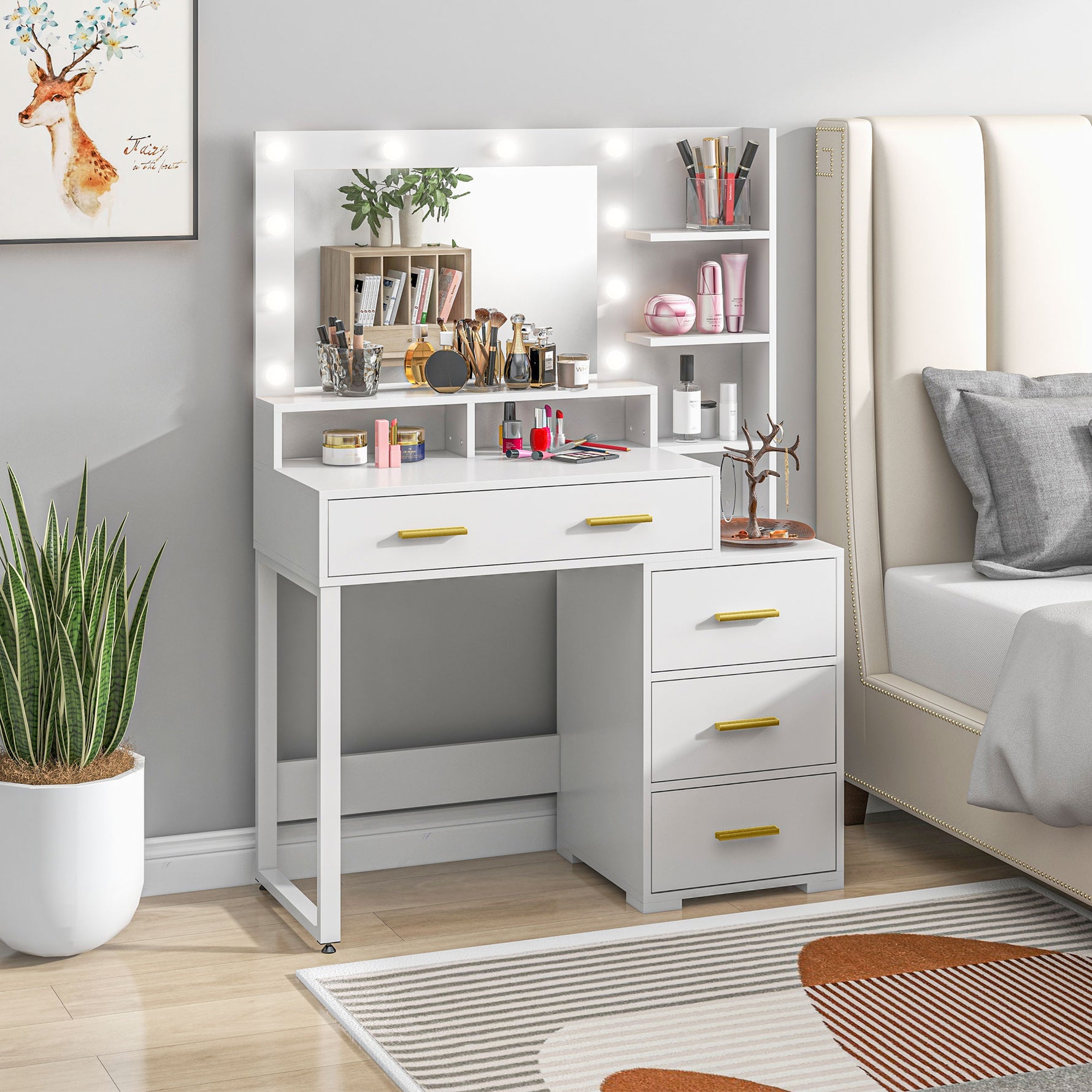Coiffeuse avec miroir et 9 lumières LED, 4 tiroirs et 6 compartiments ouverts, 100 x 40 x 138 cm, blanc