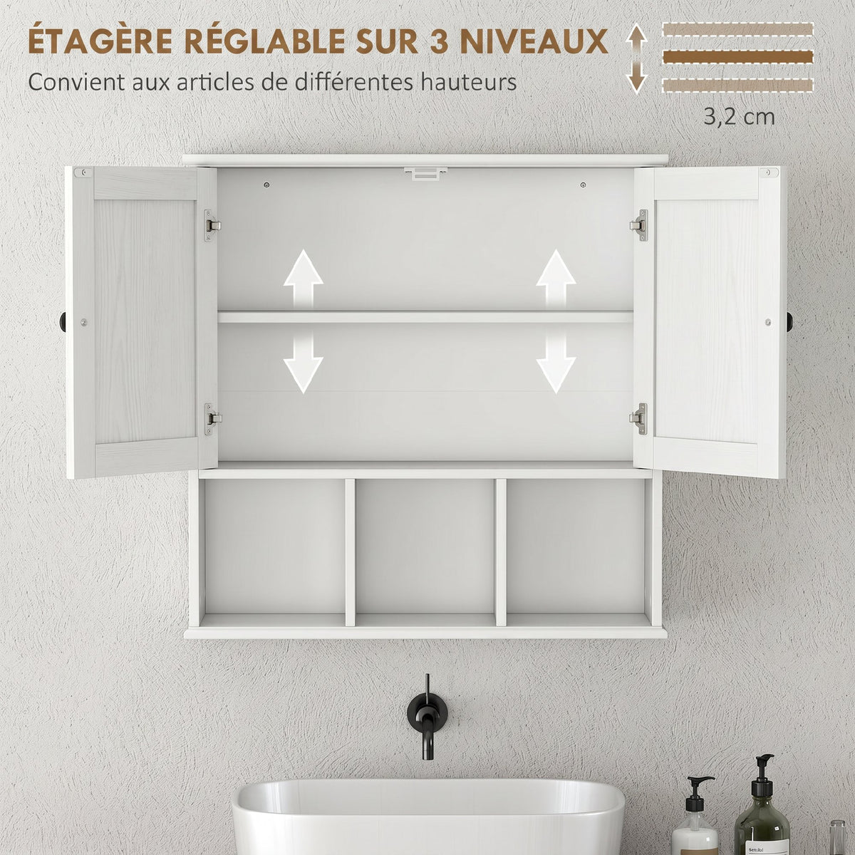 Armoire murale de salle de bain, meuble de rangement avec 2 portes, étagère réglable et compartiments ouverts, blanc