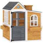Cabane enfant extérieur en bois, maison enfant extérieure/intérieure avec porte, fenêtres, 3 bacs à fleurs, jaune