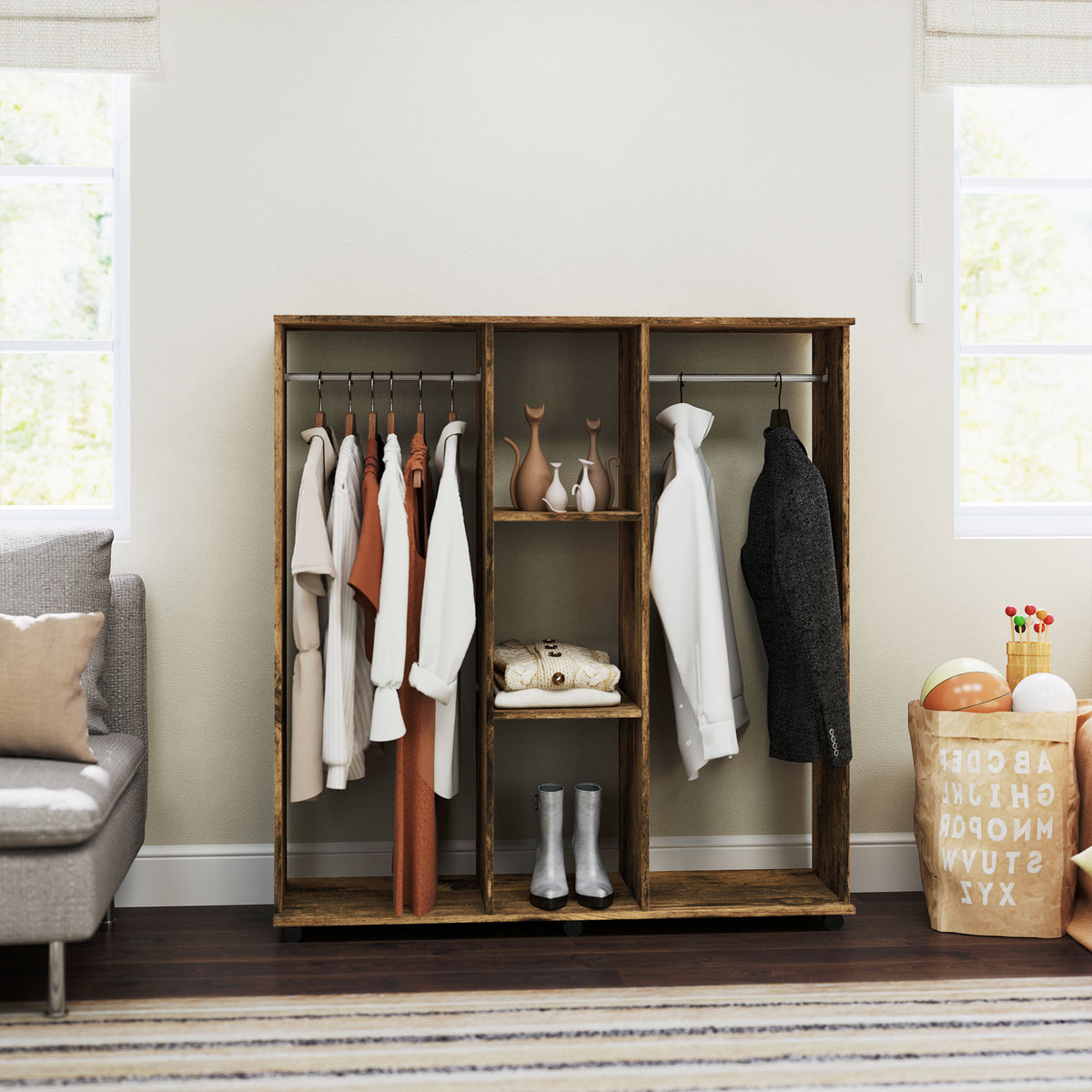 Armadio guardaroba mobile con 6 ruote, 120 x 40 x 128 cm, in legno marrone