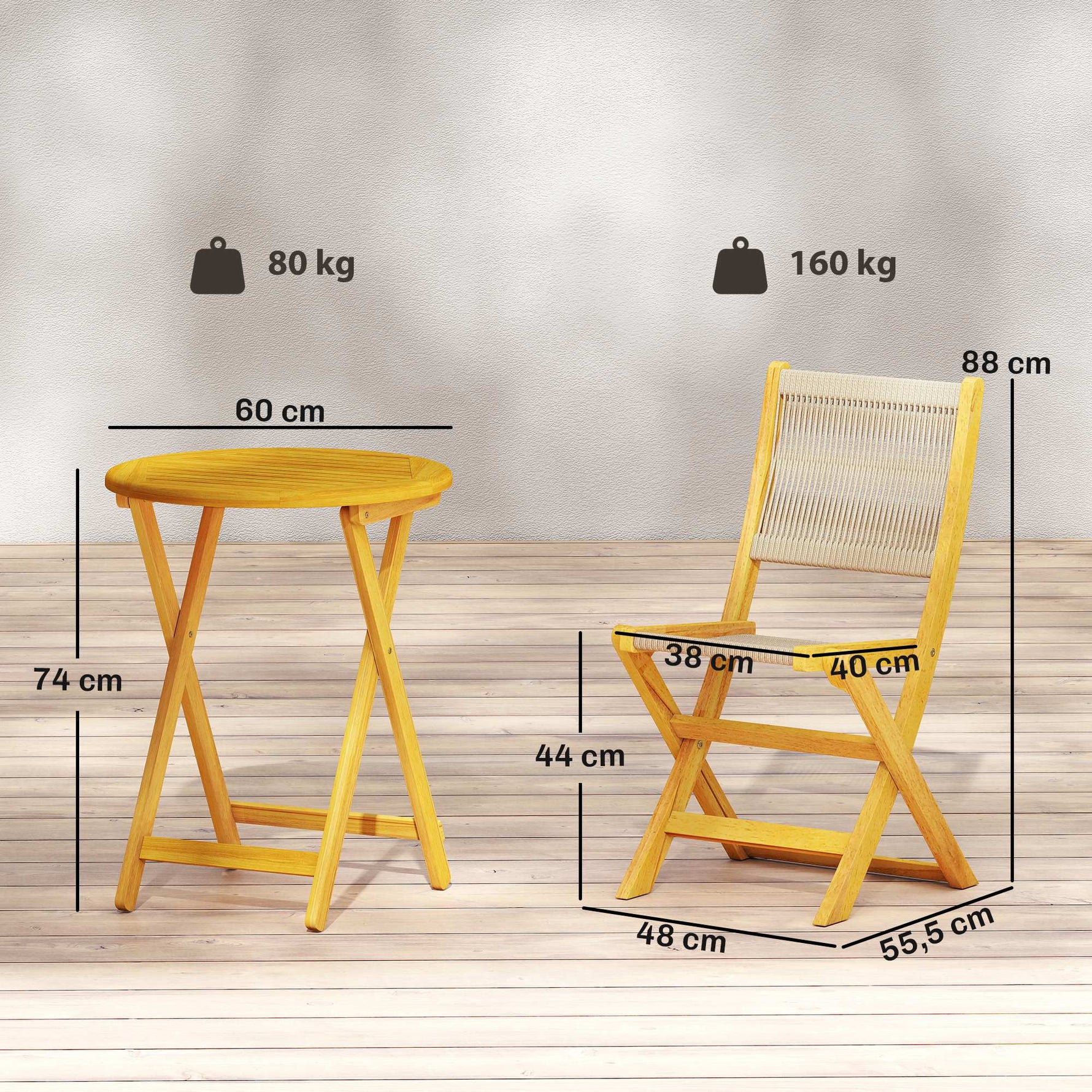 Salon de Jardin Ensemble Bistro 3 Pièces Table Ronde et 2 Chaises Pliables Design Boho Bois d'Acacia Cordage PP Naturel