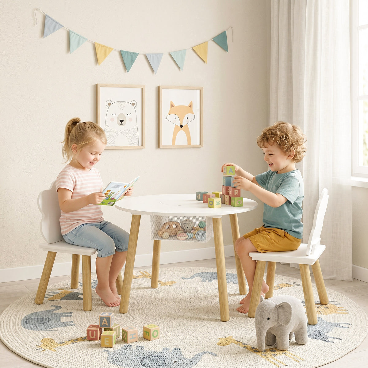 Table enfant avec chaise, ensemble table et 2 chaises en bois avec sac de rangement pour dessiner, jouer, étudier, blanc