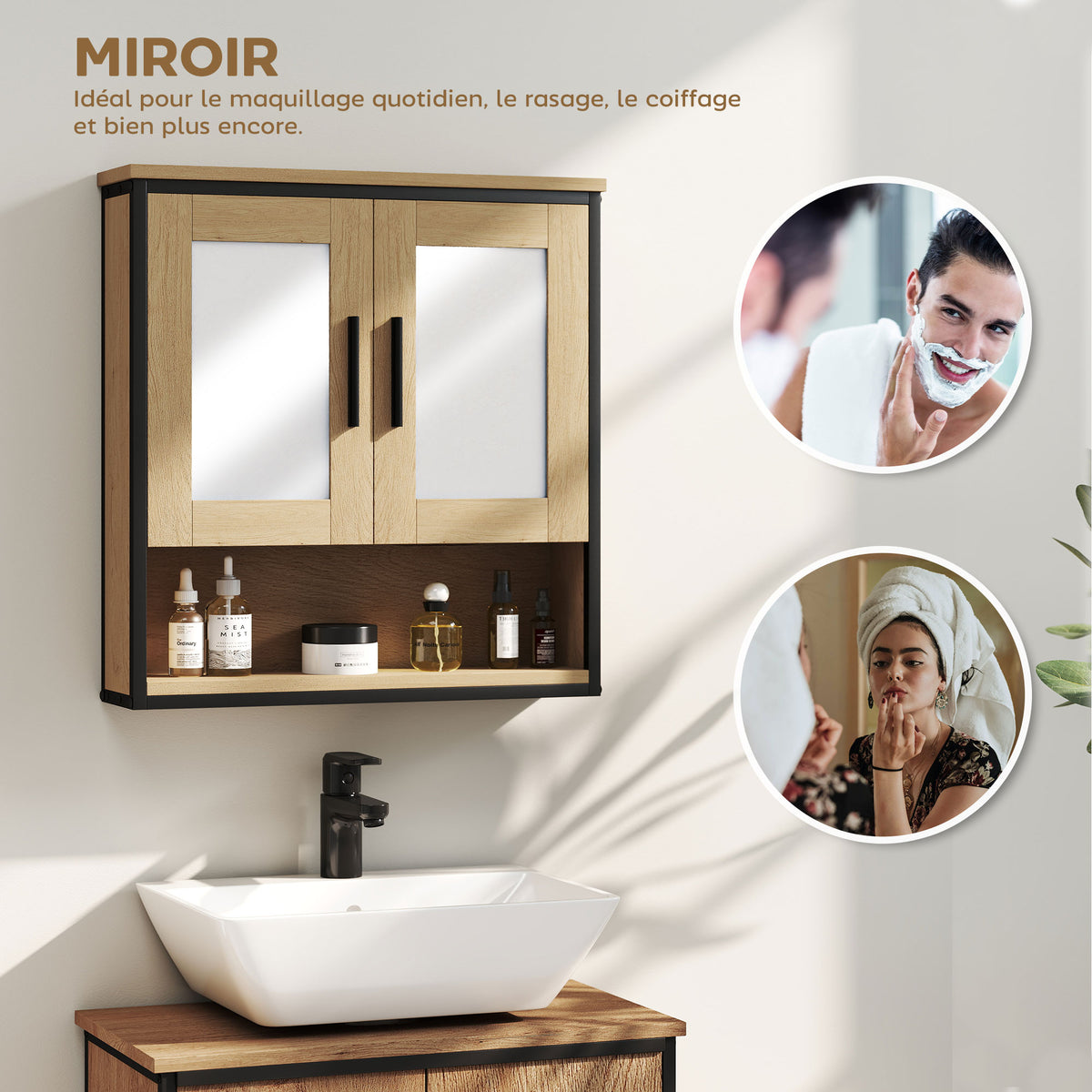 Armoire murale salle de bain avec miroir, meuble salle de bain avec compartiment ouvert et étagère réglable, chêne