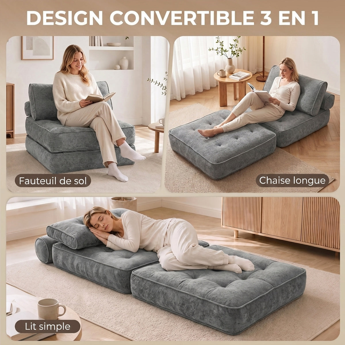 Fauteuil Convertible 1 Place 95 x 220 cm avec 2 Oreillers, Siège Épais, Fauteuil-Lit Chauffeuse 3 en 1, Gris Clair