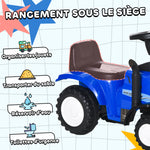 Porteur tracteur enfants avec coffre amovible, râteau et pelle, voiture enfants avec lumière LED et klaxon, bleu