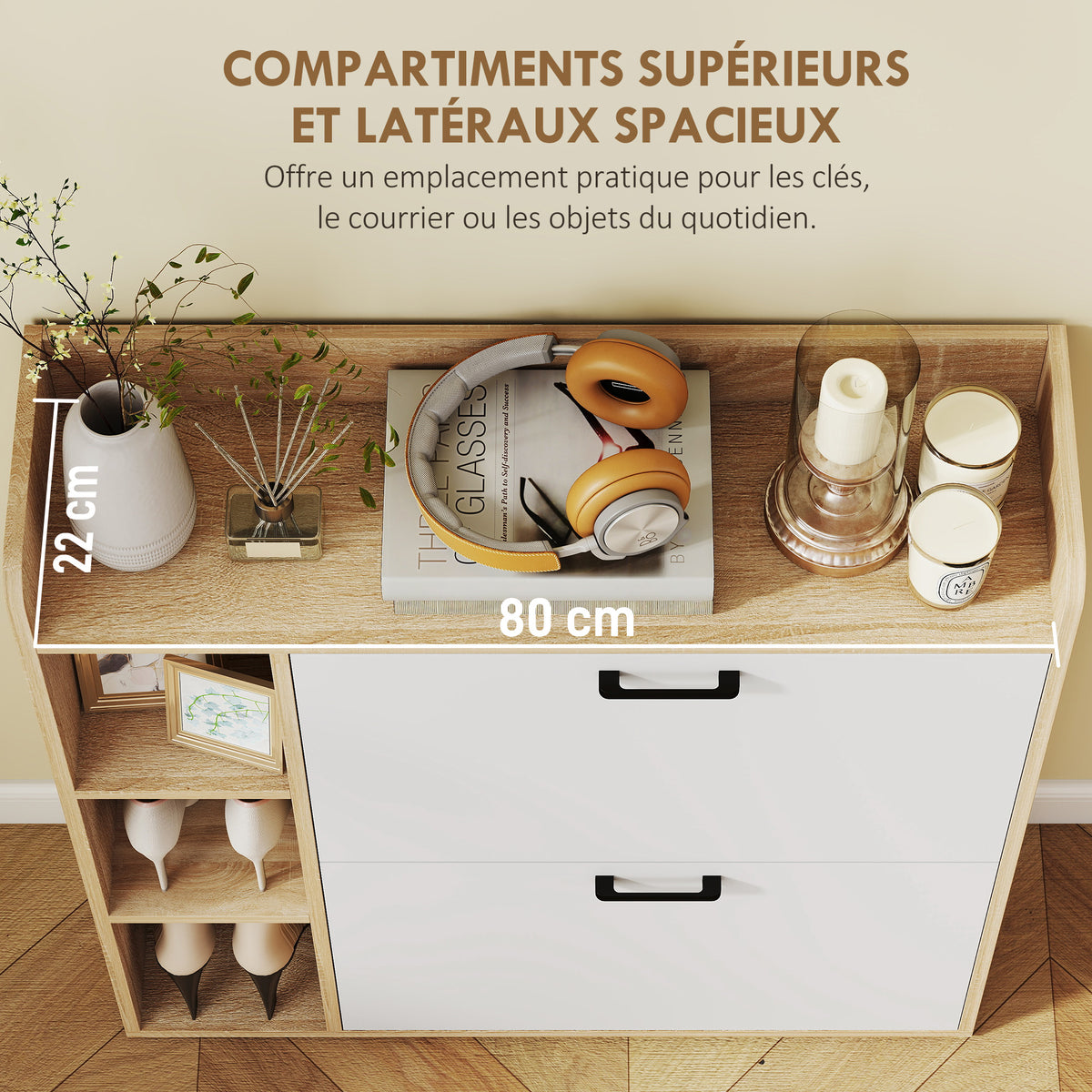 Meuble à chaussures 15 paires, armoire à chaussures moderne avec 2 tiroirs rabattables, 83x24x90,5cm, effet bois naturel