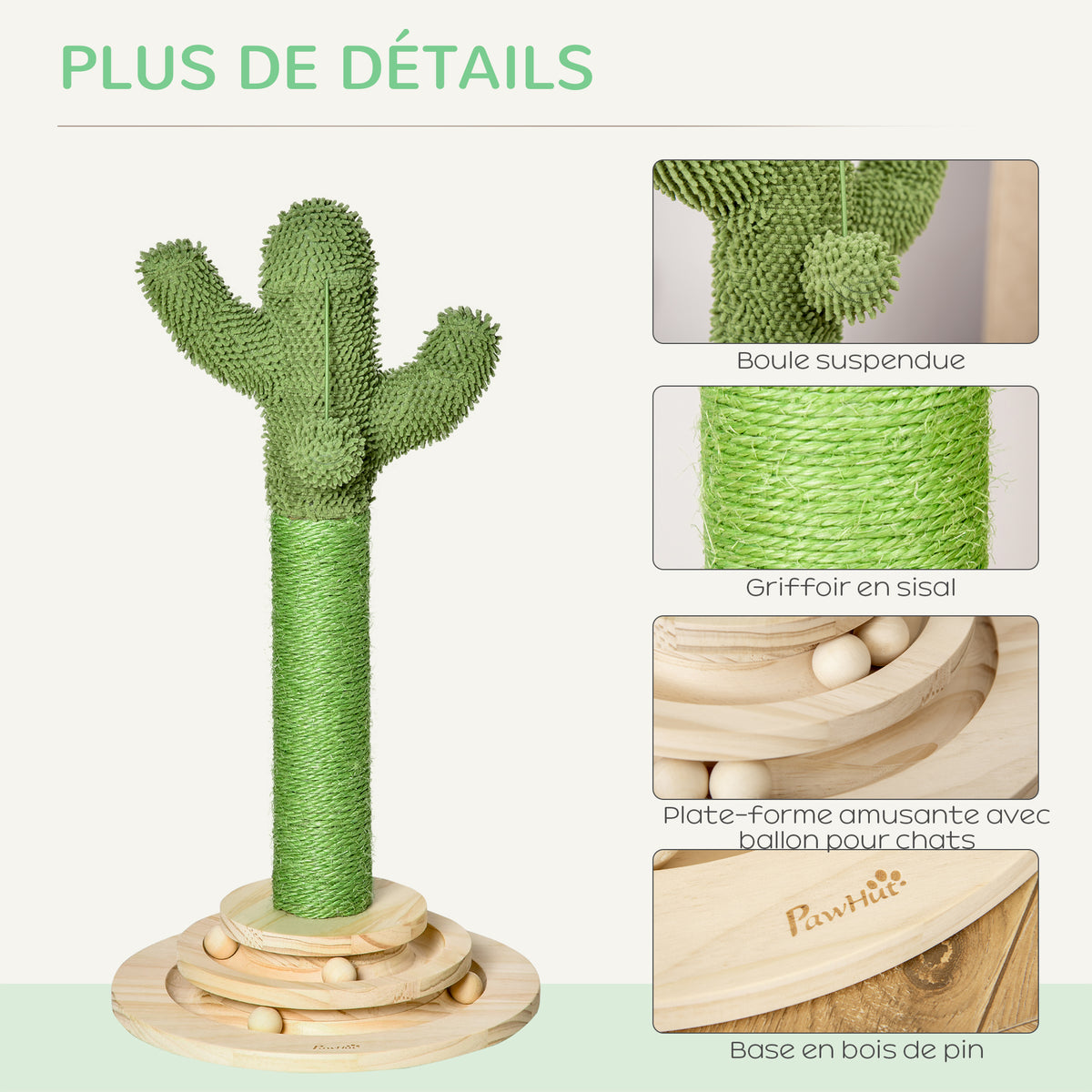 Arbre à chat griffoir forme de cactus en sisal naturel pompon suspendu et plateforme de jeu boules Ø 32 x 60 cm vert-4