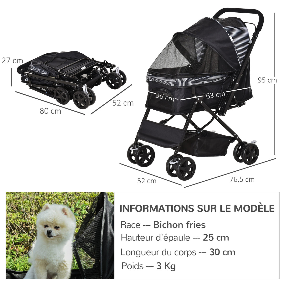 Poussette pour chien animaux de compagnie pliable 4 roues EVA guidon réglable panier 76,5 x 52 x 95 cm