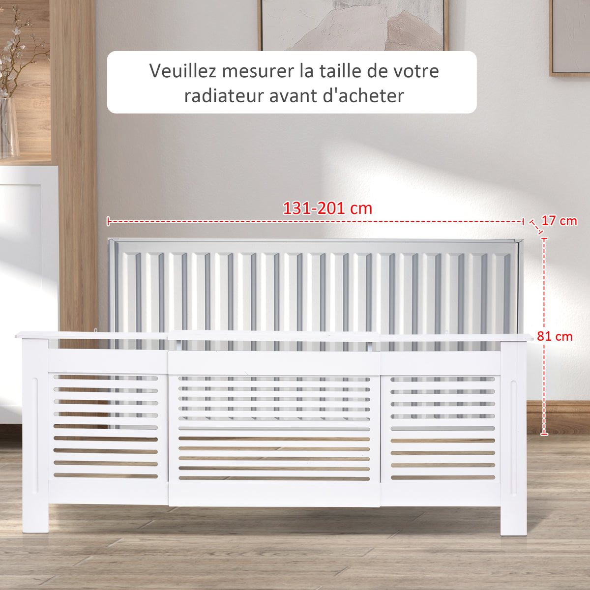 Cubrerradiador de diseño contemporáneo, longitud extensible 139-208,5 x 20,5 x 82,5 cm, MDF blanco