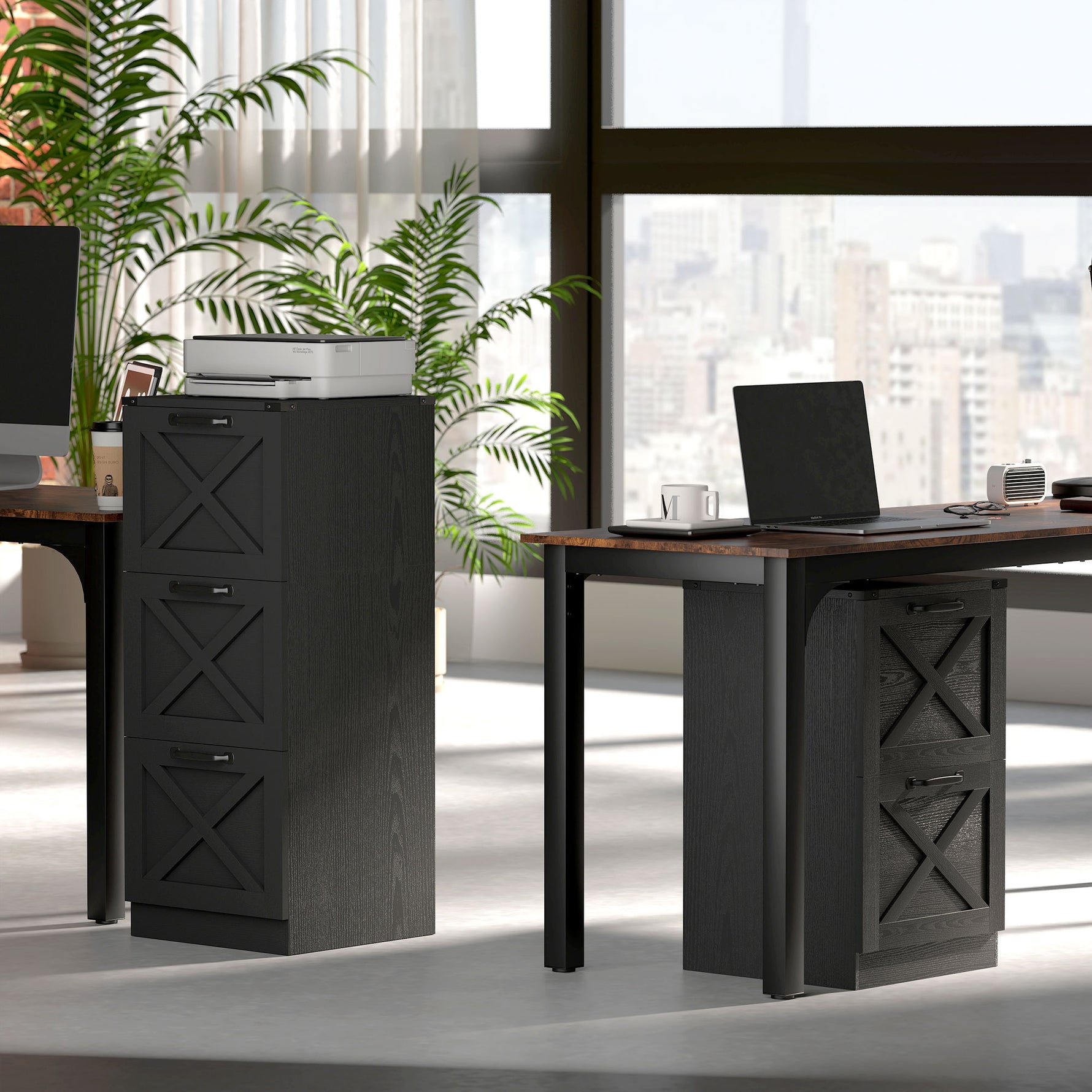 Caisson de Bureau avec 3 Tiroirs, Dossiers Suspendus pour Formats Lettre/A4, Style Rustique, 40x40x101cm, Noir