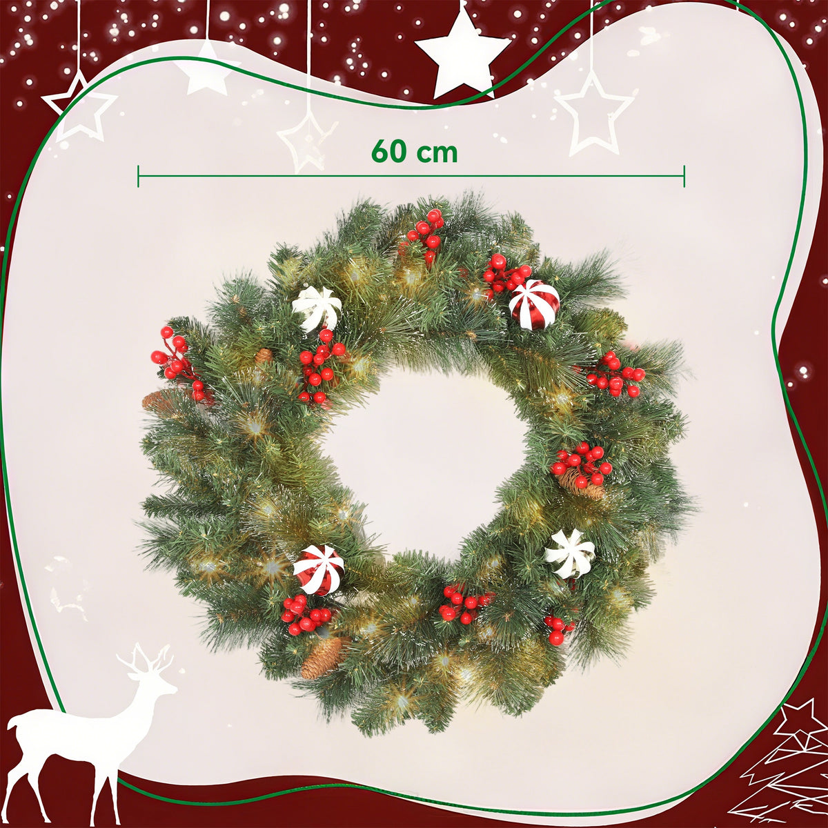 Couronne de Noël lumineuse 60 cm avec 50 LED, minuterie, 146 pointes, pommes de pin, baies, boules décoratives, vert