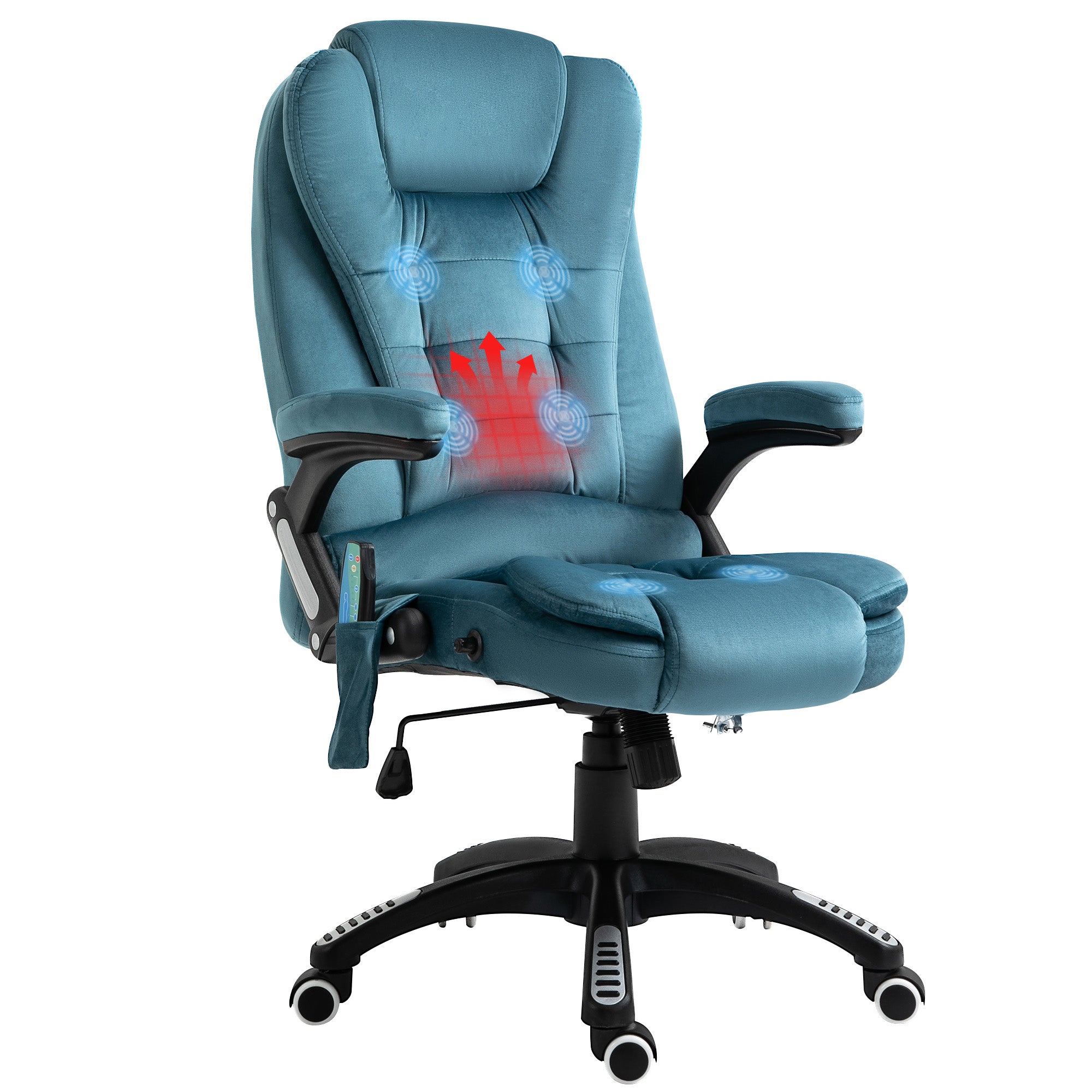 Massaging and heating office chair, desk chair, ergonomic chair with adjustable height, reclining backrest and wired remote control, 360° swivel, blue polyester fabric
