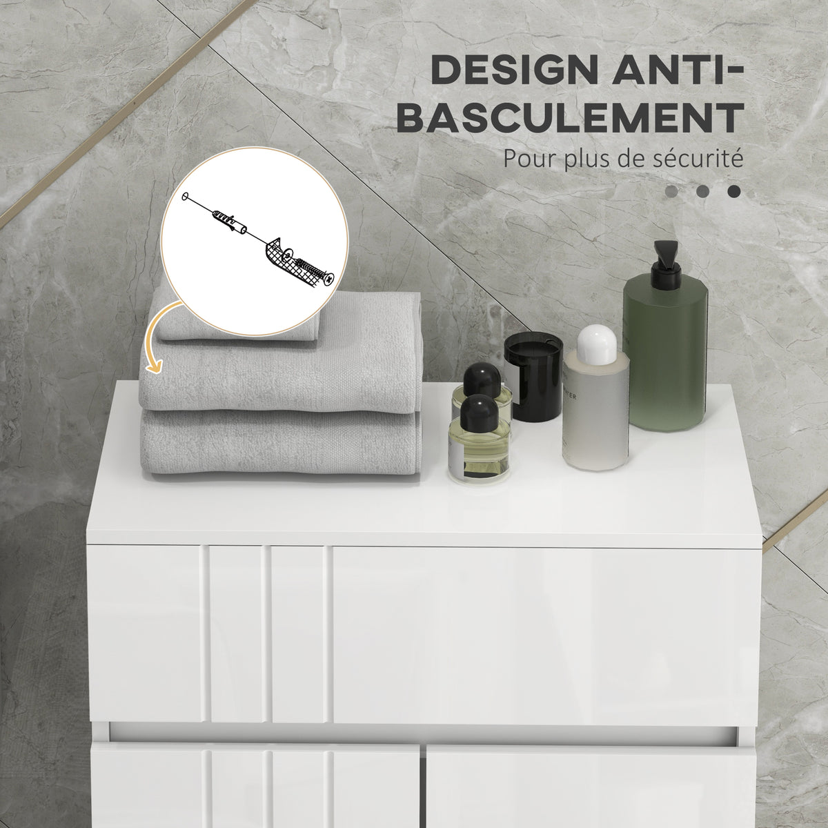 Meuble de rangement pour salle de bain sur pied placard 2 portes 1 tiroir, étagère régable, blanc laqué