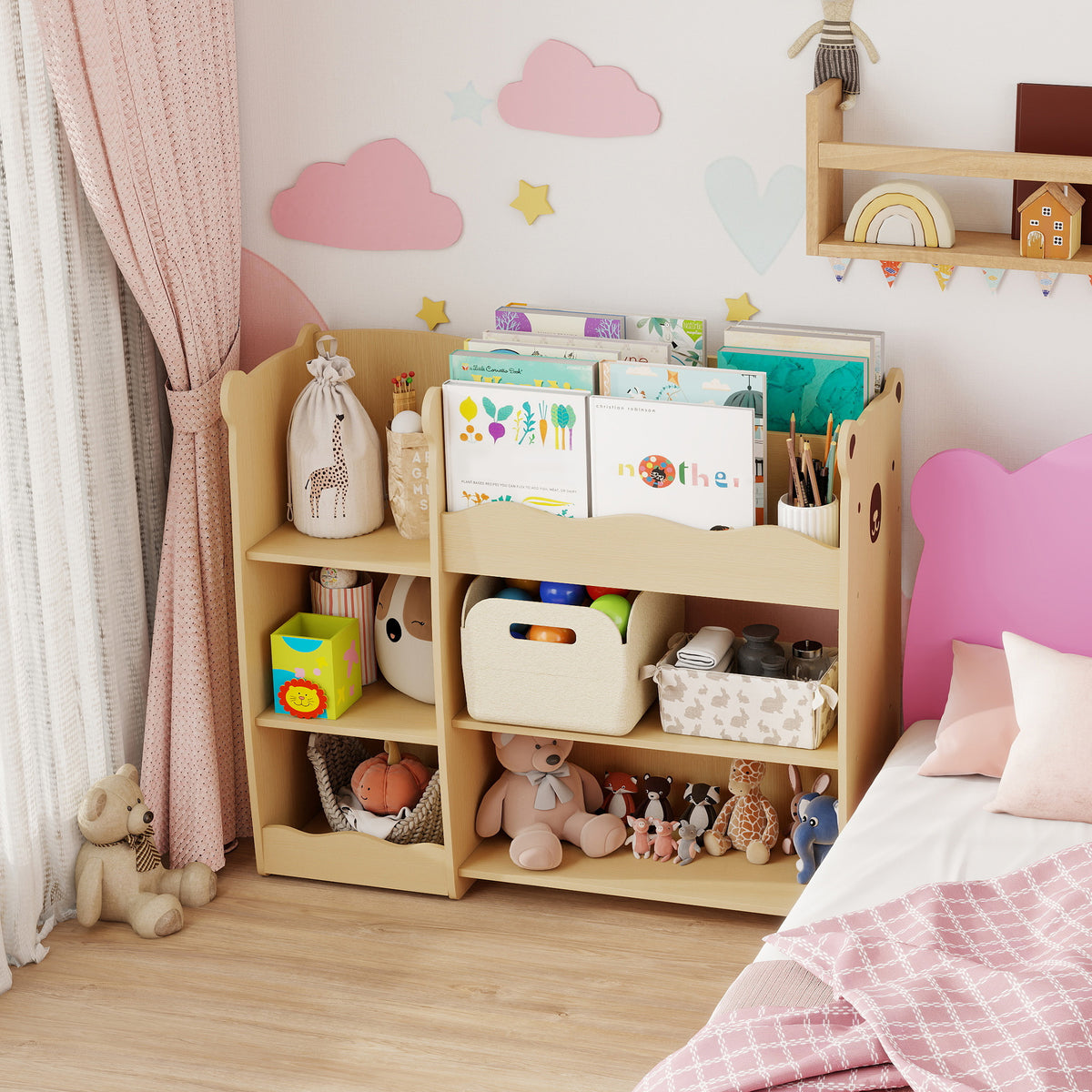 Meuble rangement enfant 3 niveaux, étagère de rangement pour jouets enfants avec étagères ouvertes, 92x29x79cm, naturel