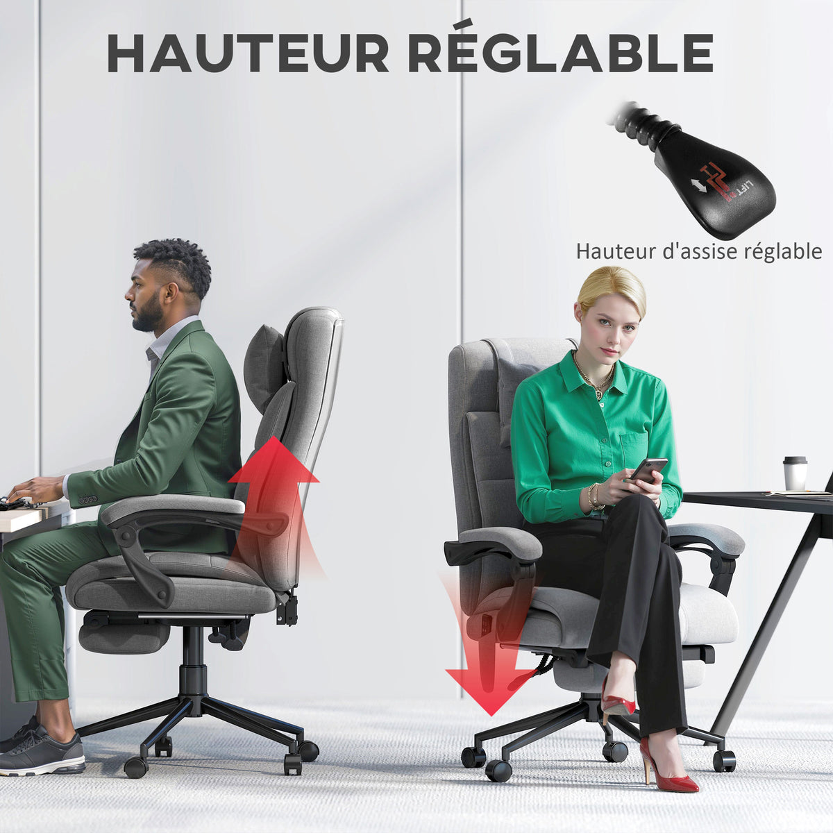 Chaise de bureau de massage chauffante réglable en hauteur de 116-124 cm ergonomique inclinable tissu effet lin, gris