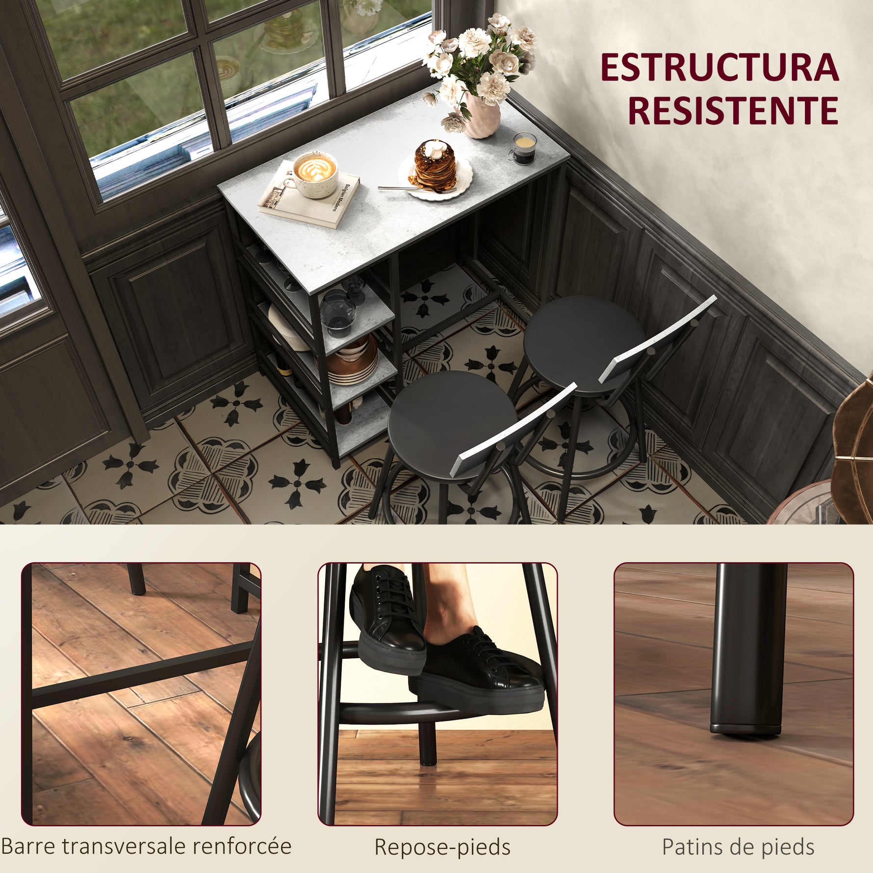 Ensemble table de bar avec 2 tabourets et étagères de rangement pour salle à manger, cuisine, gris et noir
