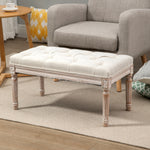 Banc Banquette classique capitonné 80cm bout de lit Rembourrée en lin - bois d'hévéa sculpté, patiné - Crème