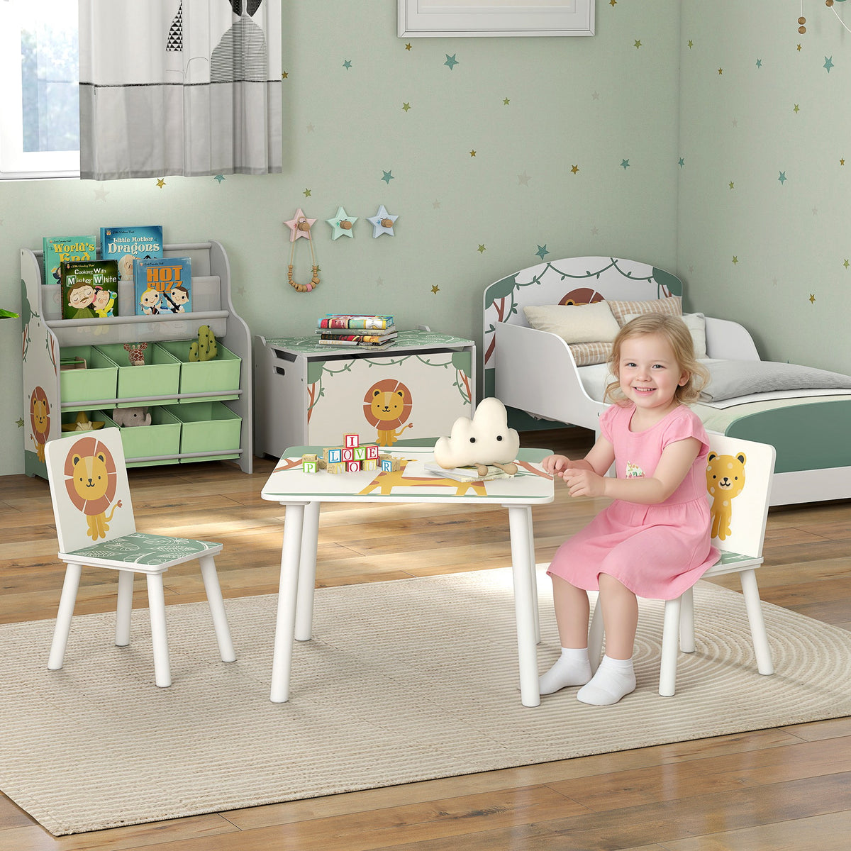 Table enfant avec chaise, ensemble table et 2 chaises enfant en bois, motifs animaux, 60 x 60 x 44 cm, vert