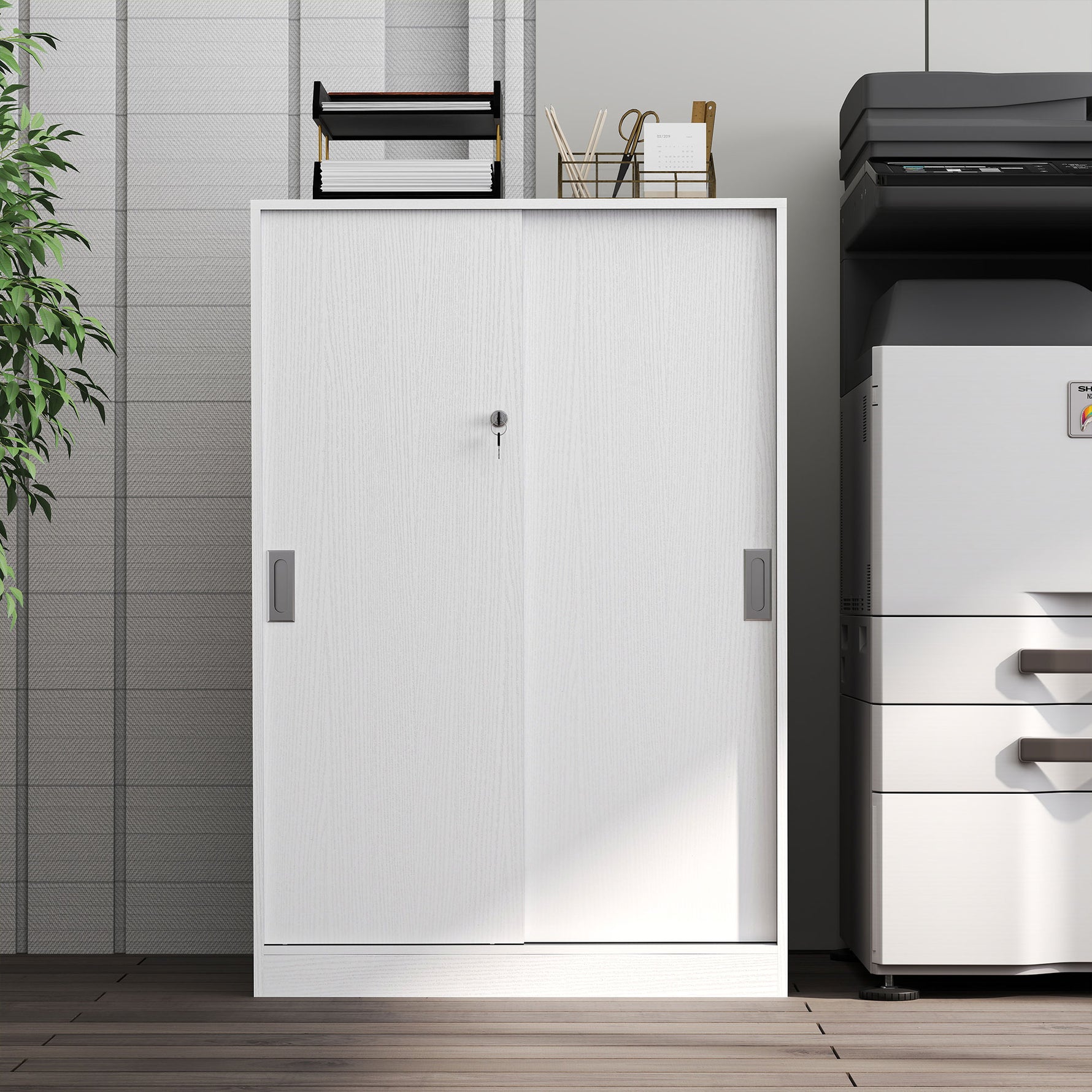 Armoire de Bureau 2 Portes coulissantes verrouillables dim. 80L x 40l x 120H cm 2 étagères en Bois Blanc