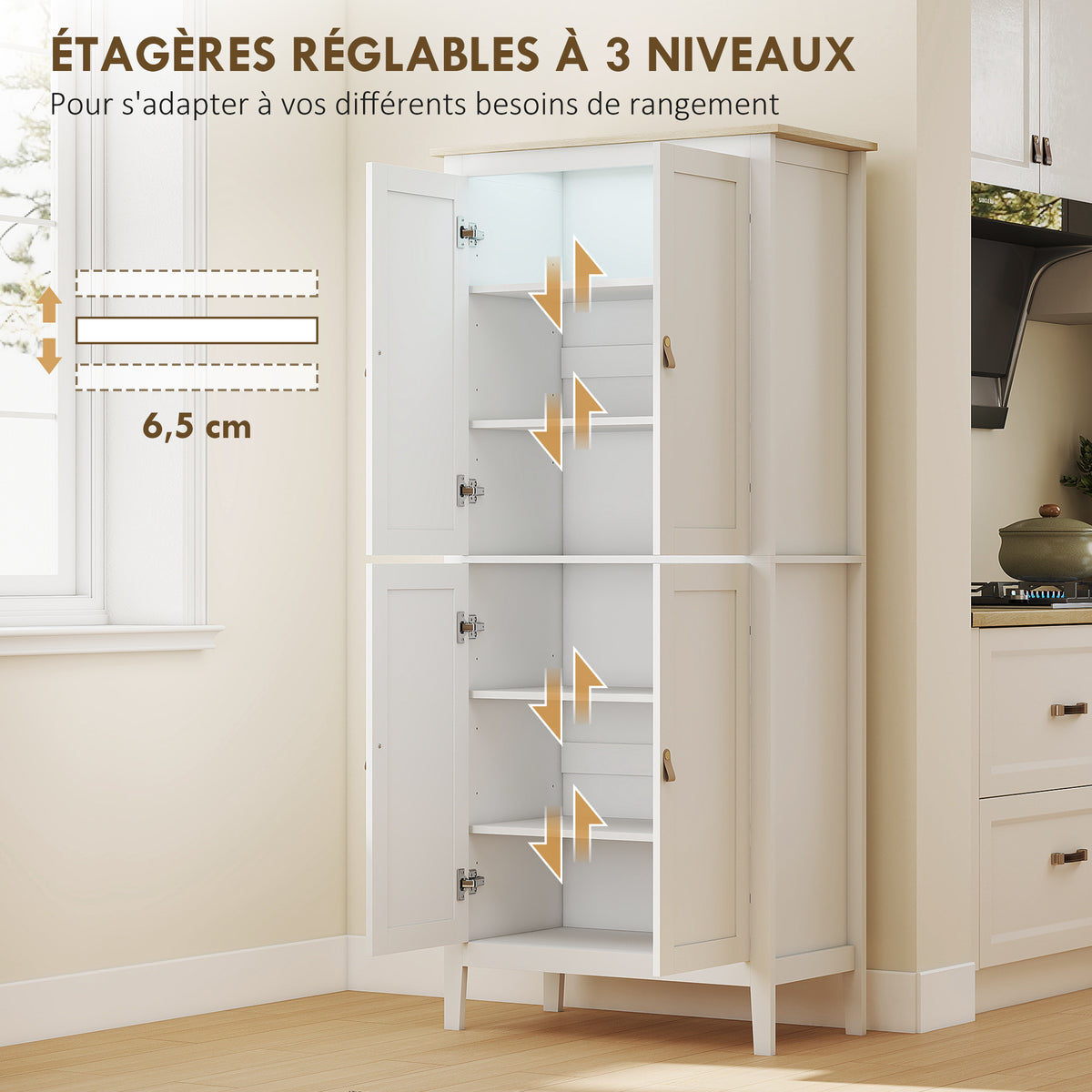 Buffet cuisine, meuble cuisine rangement haut avec LED réglable et détecteur de mouvement, 80 x 40 x 176,5 cm, blanc