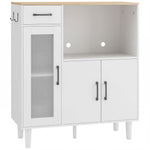 Buffet cuisine, meuble de rangement avec tiroir, 3 portes dont 1 en acrylique cannelée, étagère ouverte, blanc et chêne