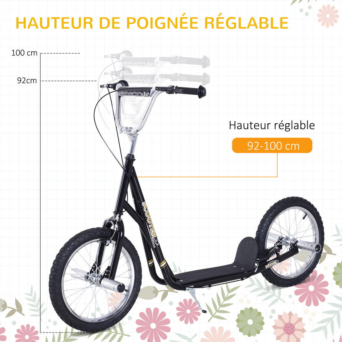 Trottinette patinette Grandes Roues pneumatiques Ø 41 cm Hauteur Guidon réglable béquille pegs Inclus Acier Noir