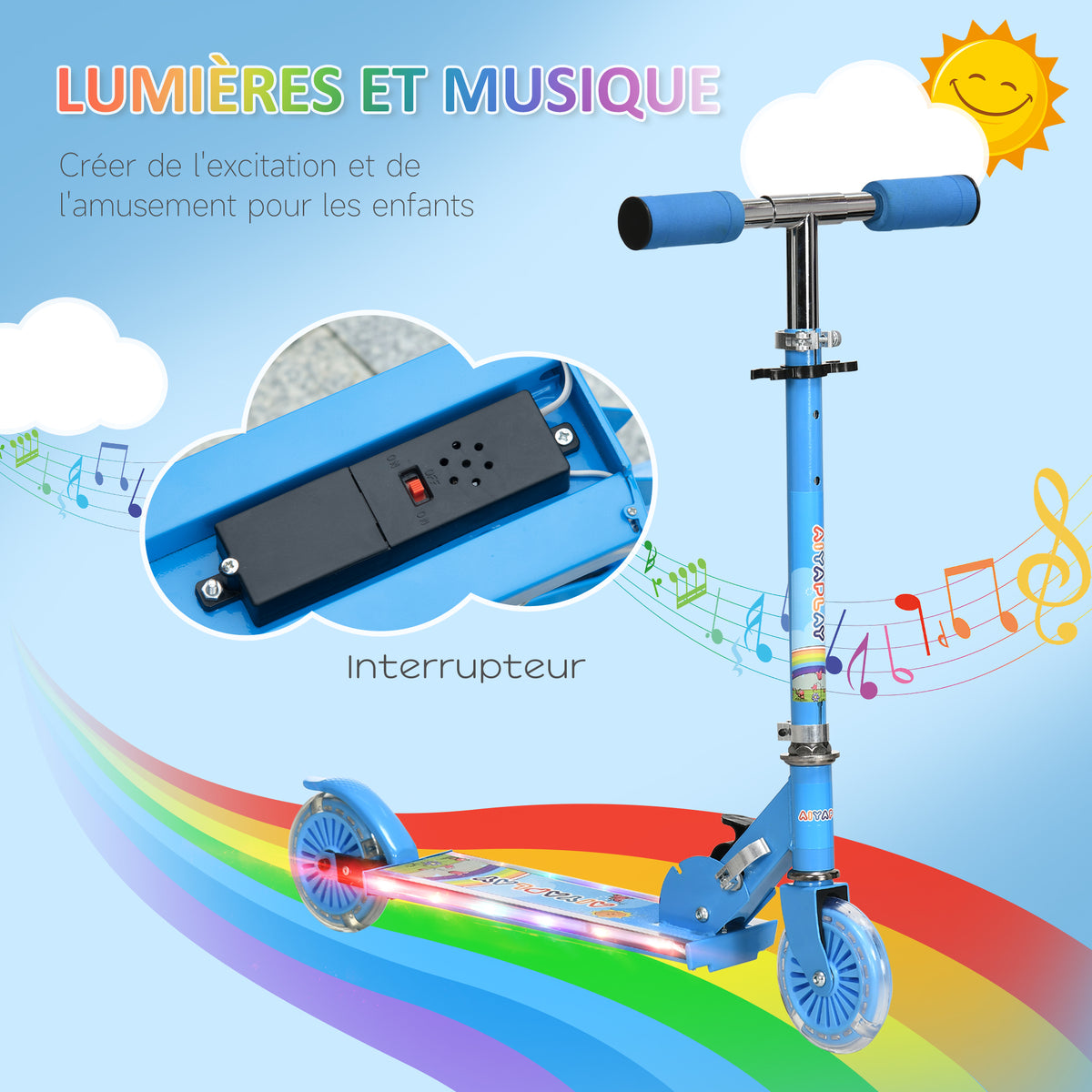 Foldable kick scooter for children aged 3 to 7, PU light-up wheels, music, 67 x 32 x 78 cm, blue