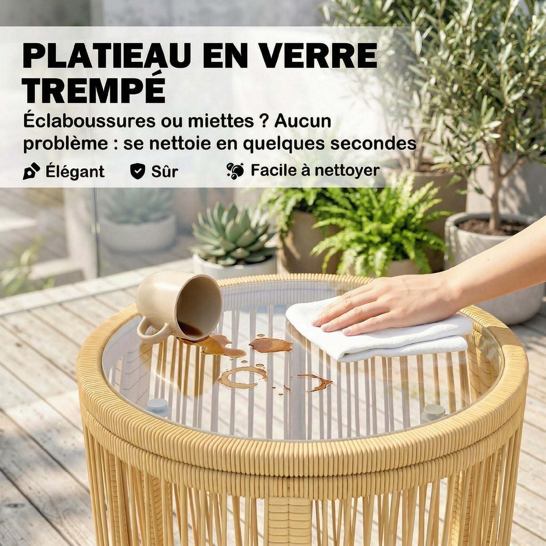 Ensemble Bistro Salon de Balcon 3 Pièces 2 Fauteuils Confortables et Table en Verre Trempé Coussins Déhoussables Beige