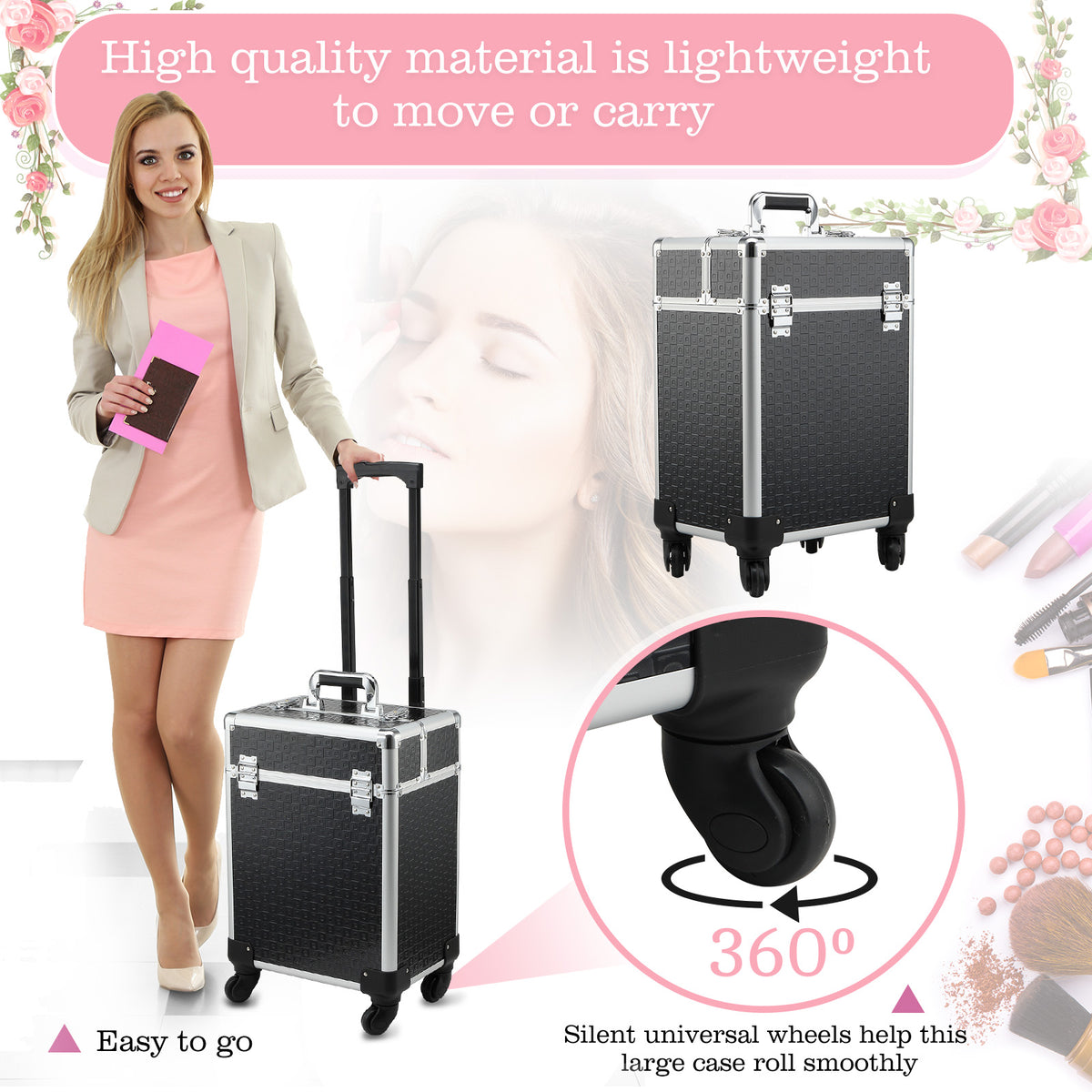 Valise trolley maquillage mallette cosmétique vanity poignée télescopique réglable 34L x 24l x 52H cm alu. noir