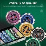 Mallette de Poker Coffret de Poker Complet avec 500 jetons 5 dés 2 Jeux de Cartes 3 boutons 1 Tapis en Feutre