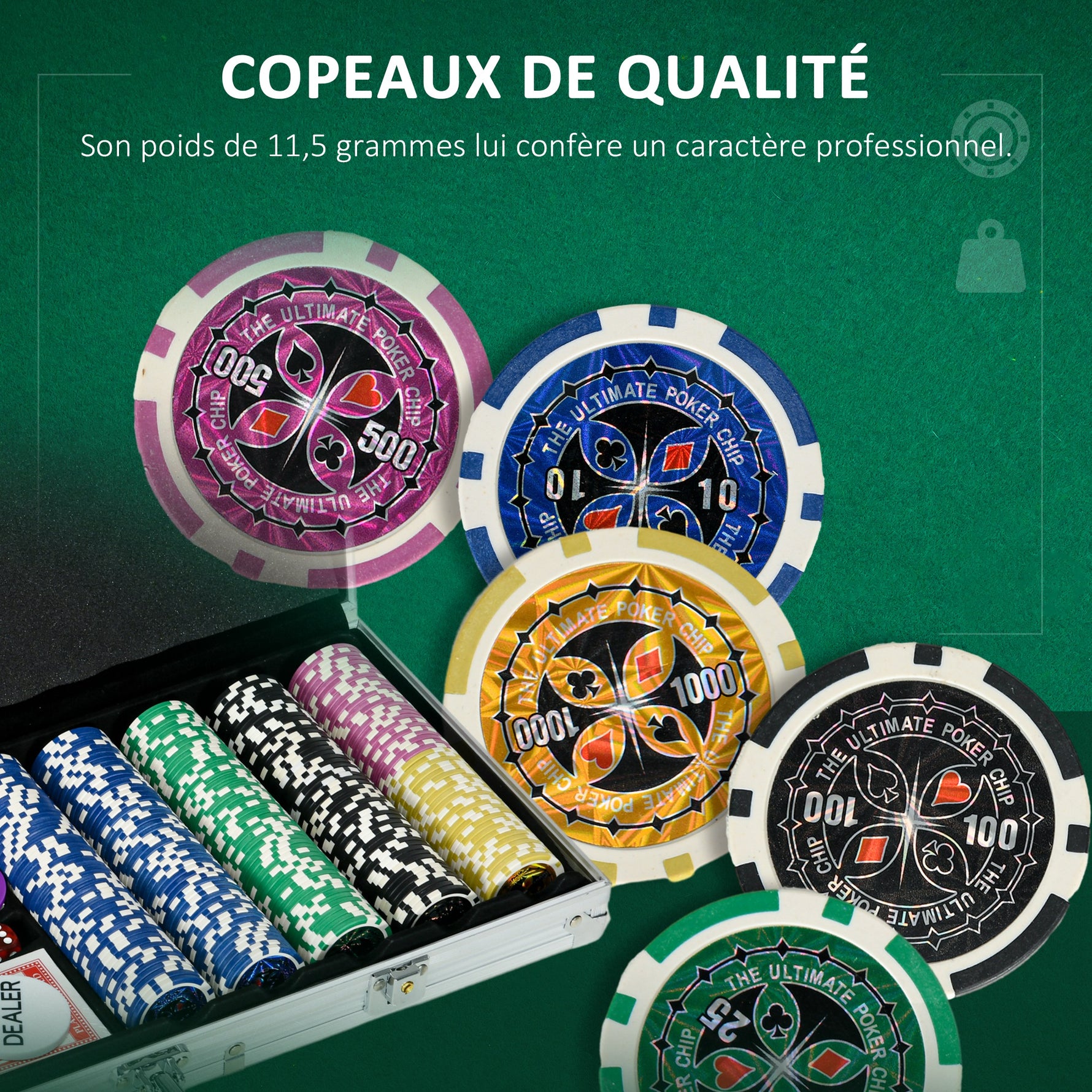Mallette de Poker Coffret de Poker Complet avec 500 jetons 5 dés 2 Jeux de Cartes 3 boutons 1 Tapis en Feutre