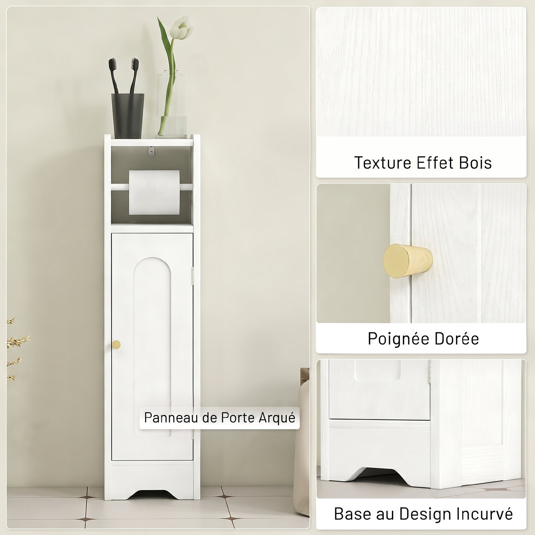 Meuble salle de bain meuble toilettes WC rangement étroit avec étagère réglable gain de place pour petits espaces blanc
