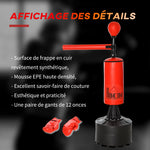 Sac de frappe sur pieds punching ball brunier 3 en 1 avec ballon de vitesse bras flexible rotatif hauteur réglable revêtement synthétique base HDPE dim. 88L x 48l x 155-205H cm noir rouge