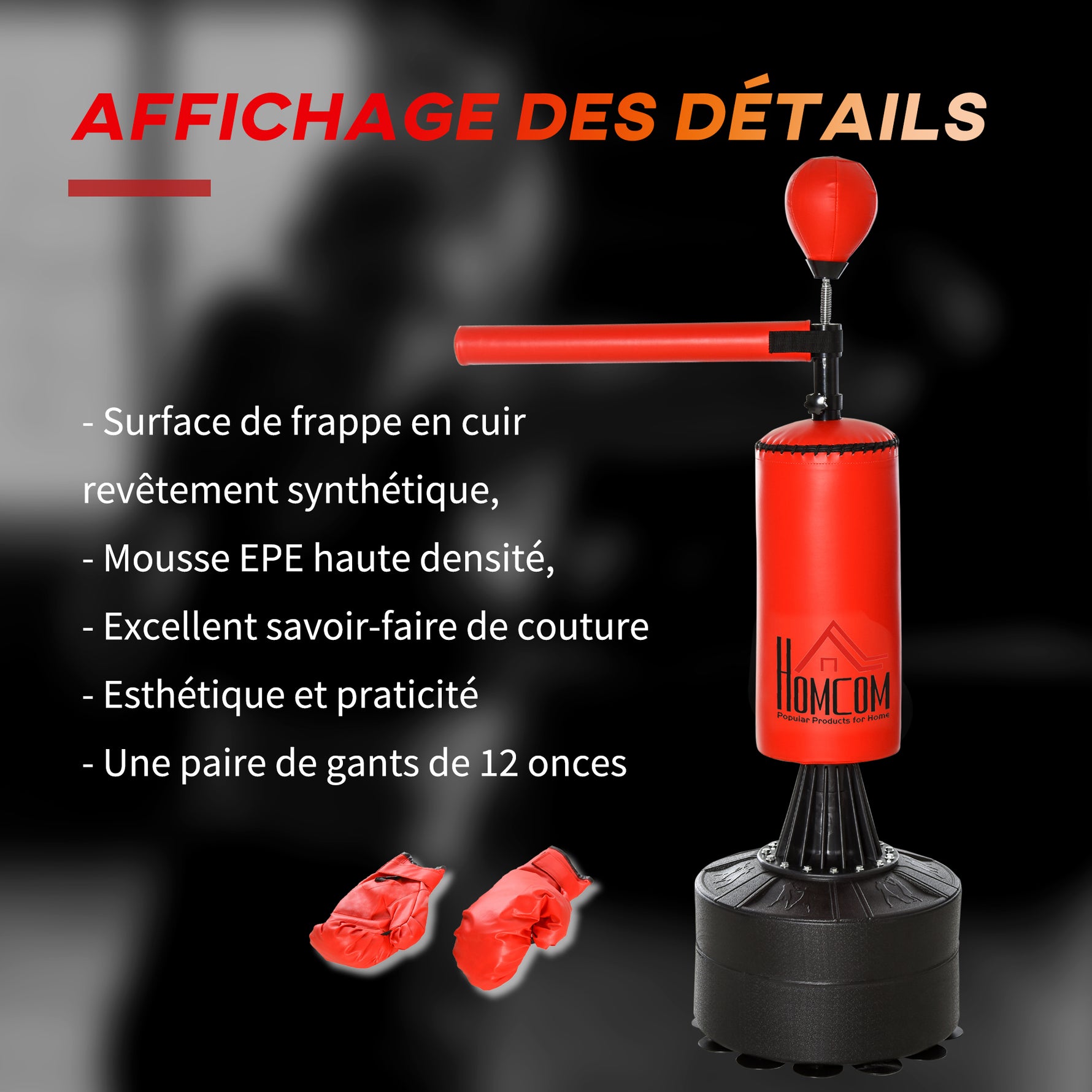 Sac de frappe sur pieds punching ball brunier 3 en 1 avec ballon de vitesse bras flexible rotatif hauteur réglable revêtement synthétique base HDPE dim. 88L x 48l x 155-205H cm noir rouge