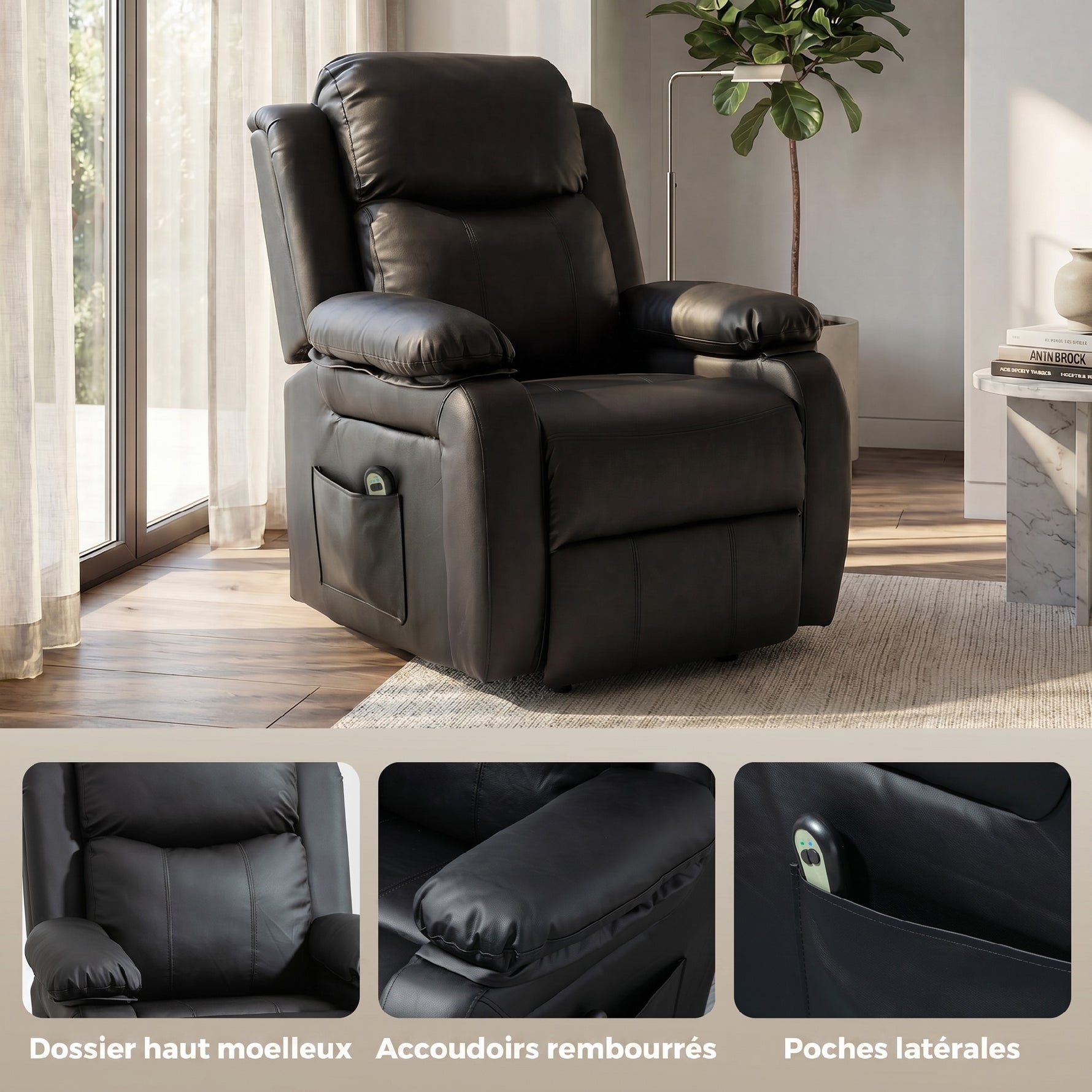 Fauteuil releveur électrique fauteuil relax électrique avec repose-pied télécommande et 2 pochettes 76x90x105cm noir