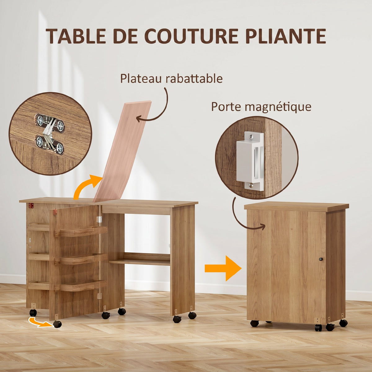 Mesa de costura plegable, mueble de costura abatible con cajones de almacenamiento, estante abierto y ruedas, marrón