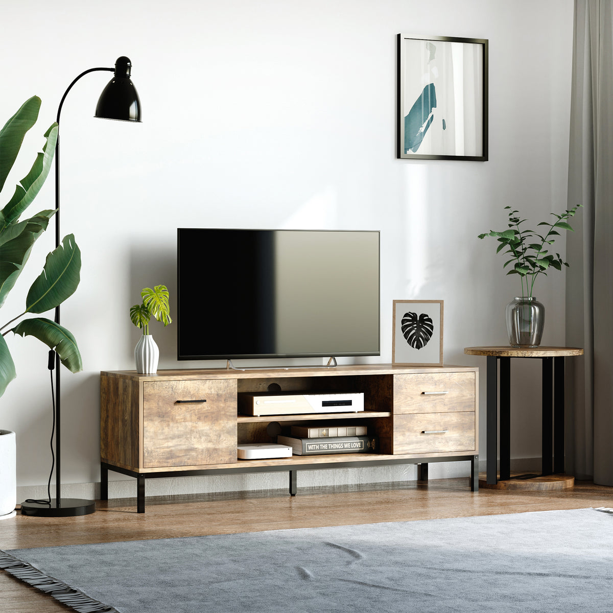 Meuble TV banc TV jusqu'à 50 pouces placard, 2 tiroirs et étagère - 2 passe-câbles - 132 x 39 x 45,5 cm marron noir