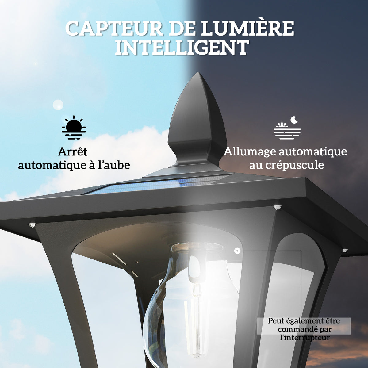 Lampadaire solaire extérieur avec jardinière, lampadaire sur pied étanche, hauteur 160cm, pour jardin, cour, allée, noir