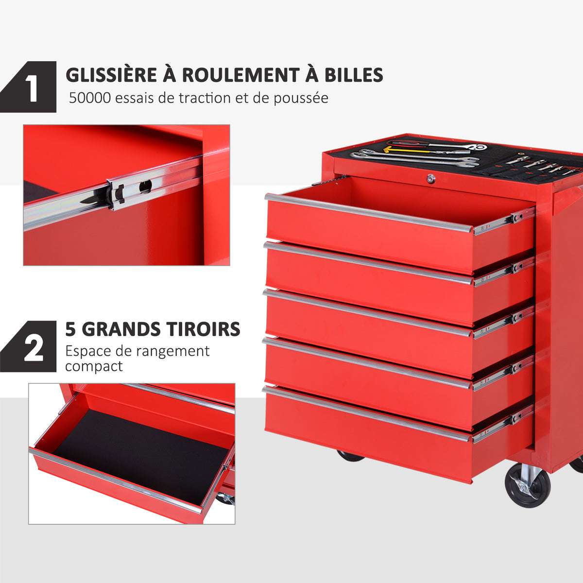 Chariot à outils sur roulettes pour atelier avec 5 tiroirs verrouillable 2 clés acier 69 x 33 x 75 cm rouge