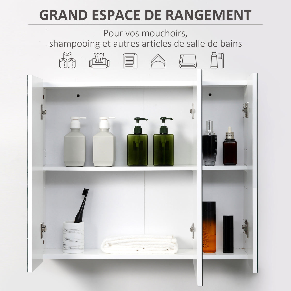 Armoire murale de salle de bain avec 3 portes miroir et étagères réglables en MDF Blanc dim. 70L x 15l x 60H cm