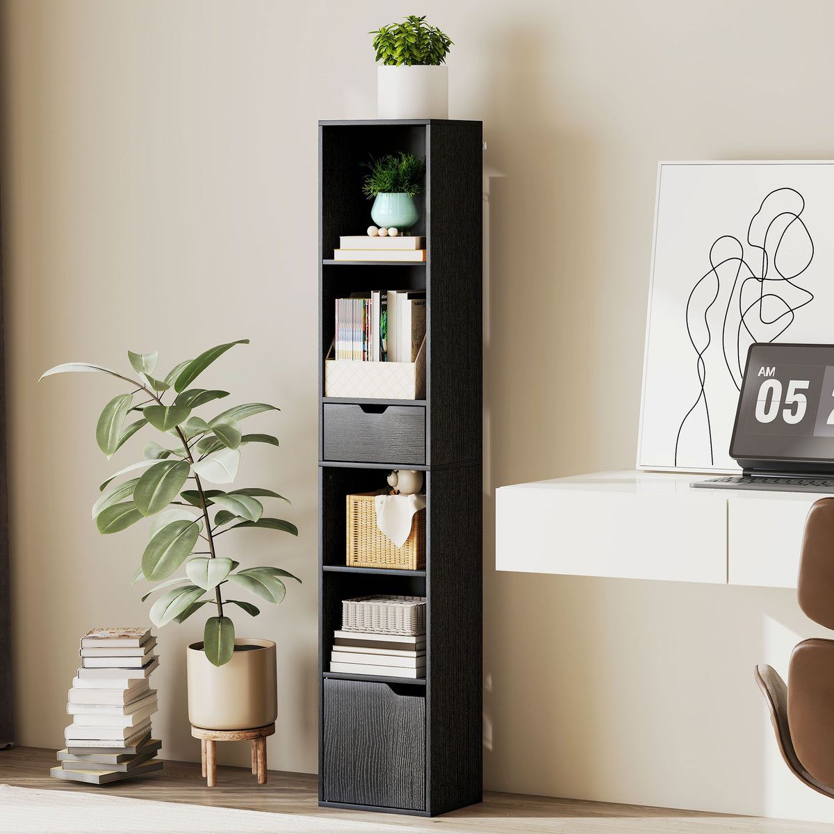 Libreria, scaffale per libri, mobile contenitore con cassetto, armadietto e scomparti a giorno, 30 x 24 x 158 cm, nero