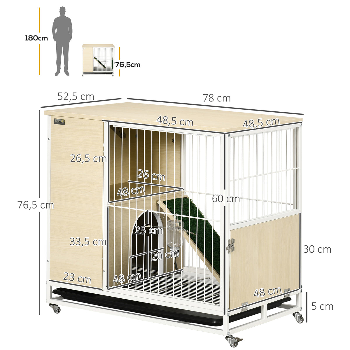 Cage à lapin clapier sur roulettes toit ouvrant plates-formes avec plateau amovible 78 x 52,5 x 76,5 cm naturel