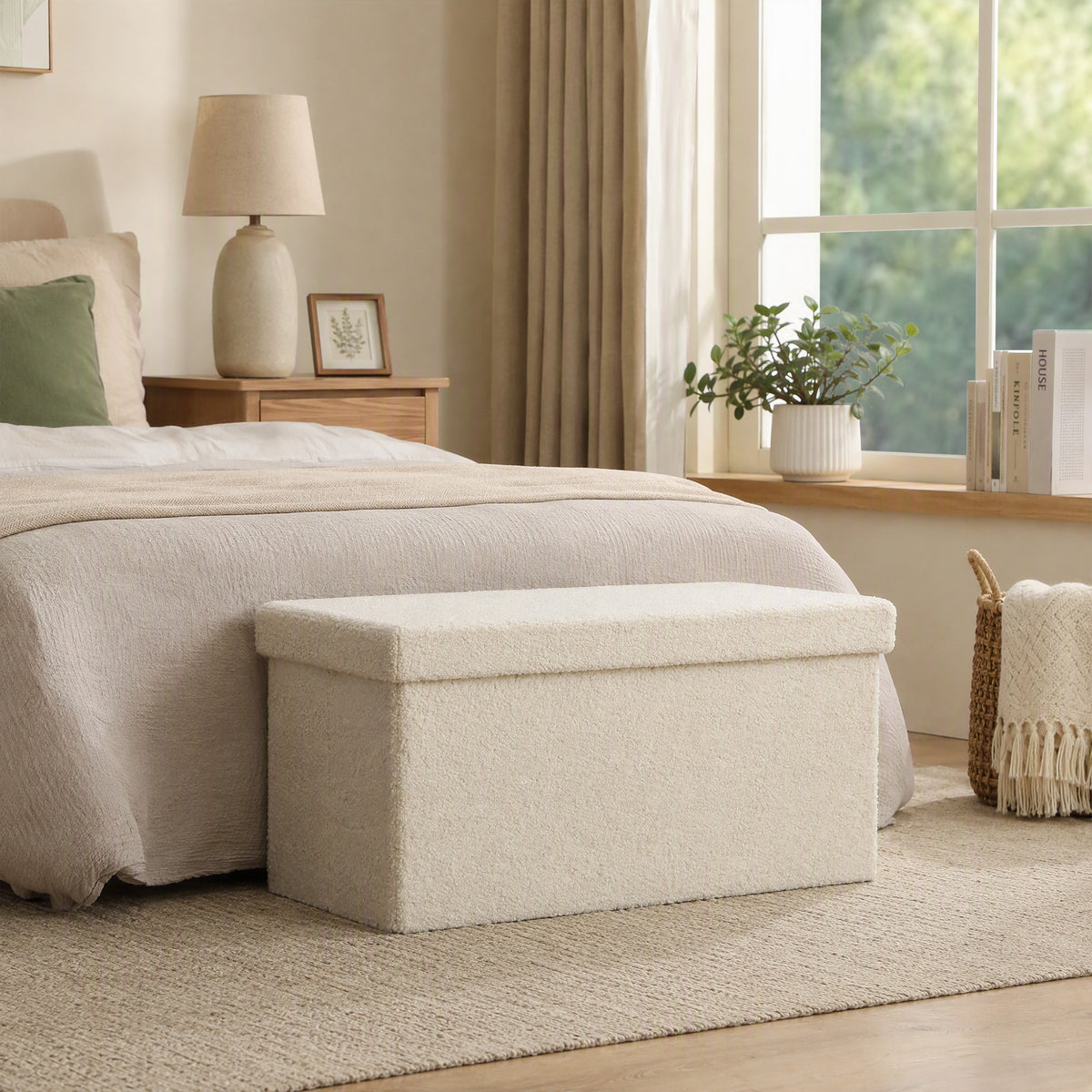 Banc de Rangement 84 L, Pouf Pliable Rembourré en Peluche Teddy, Bout de Lit, Charge 120 kg, 76 x 38 x 38 cm, Crème